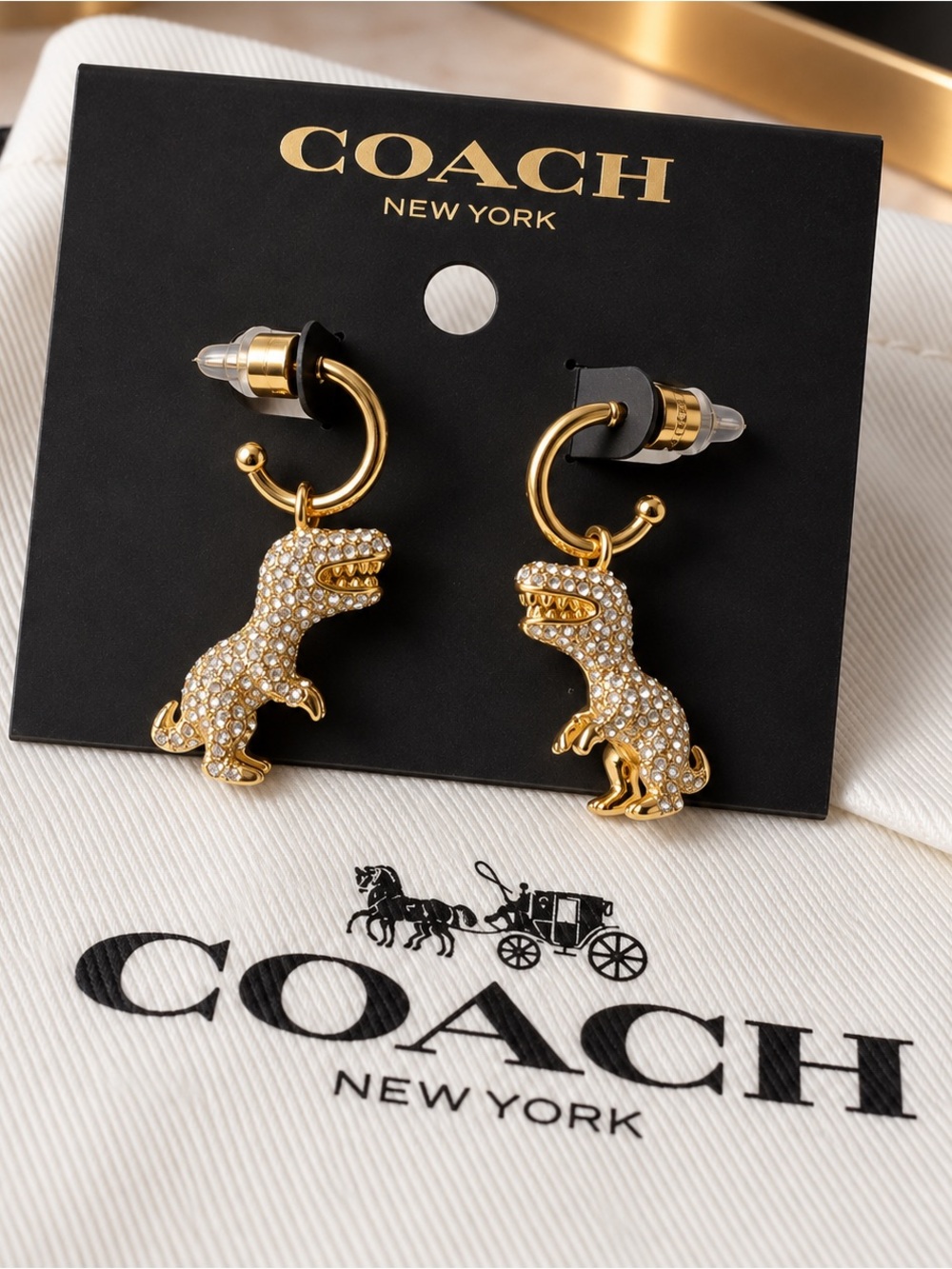 COACH Gold Crystal Dino Hoop Earrings for Kids